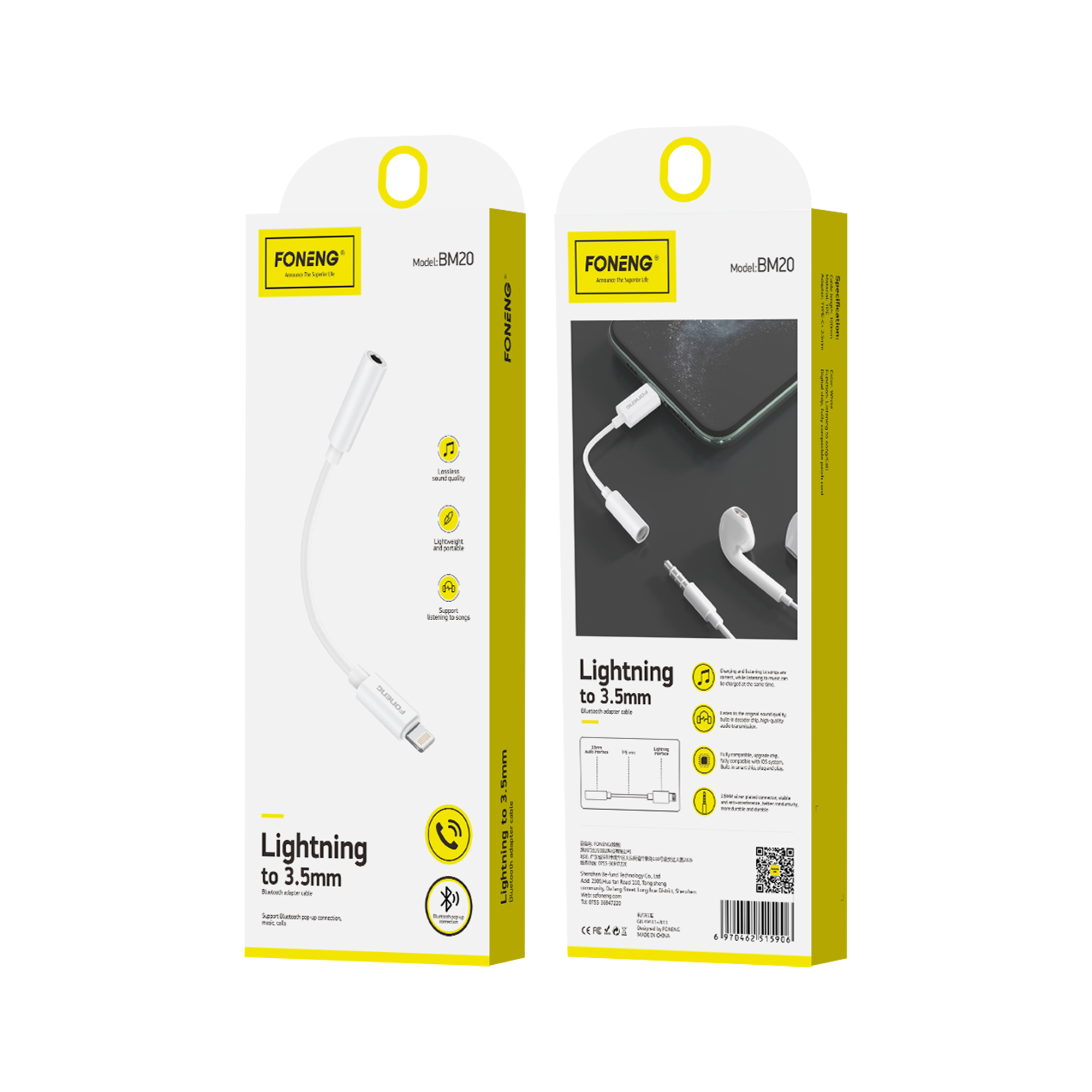 FONENG adapter BM20 Lightning – JACK 3.5MM 0.1M Blanc