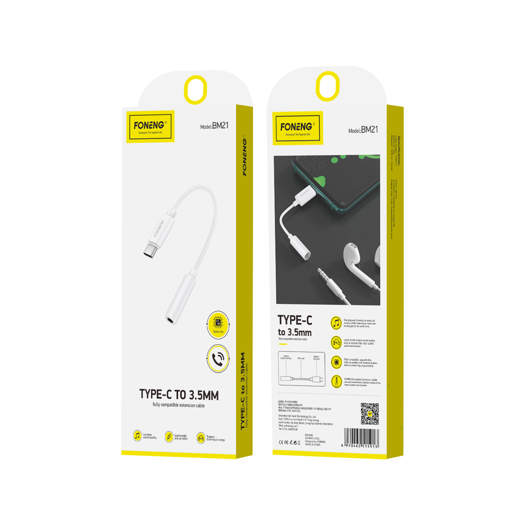 FONENG adapter BM21 USB-C – JACK 3.5MM 0.1M Blanc