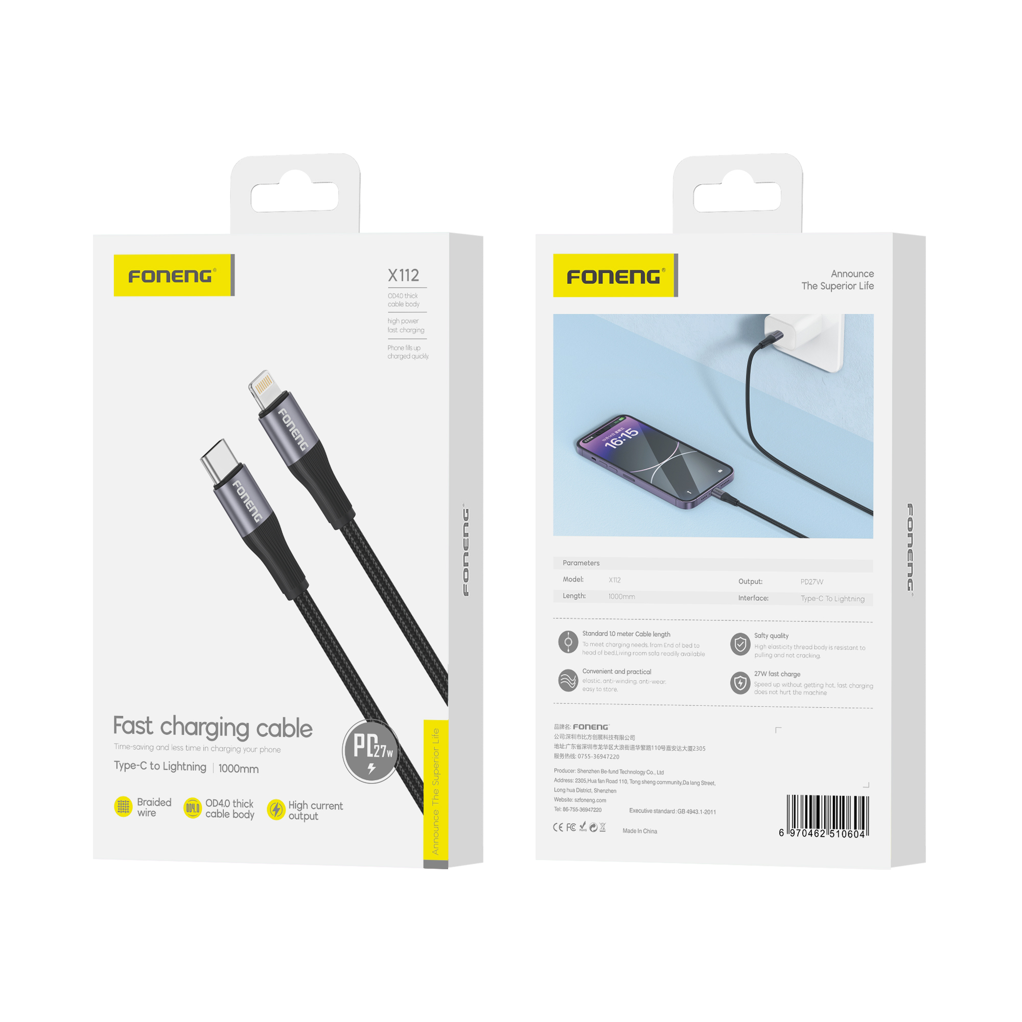 FONENG cable X112 USB-C – Lightning PD 27W 1M Noir