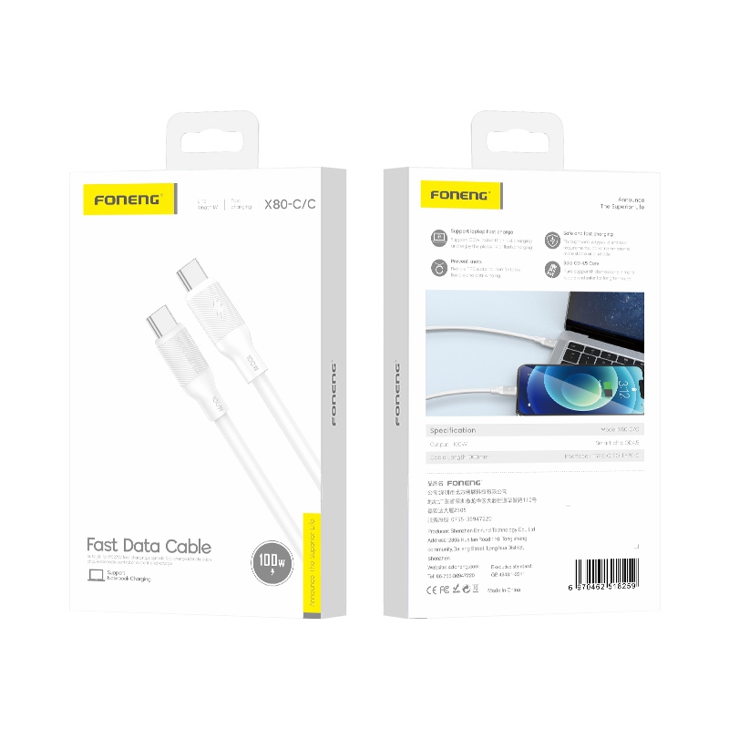 FONENG cable X80 USB-C – USB-C PD 100W 1M Blanc