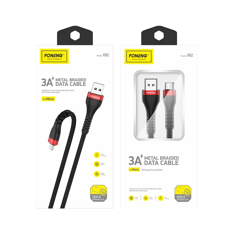 FONENG cable X82 Micro USB 3A 1M Noir