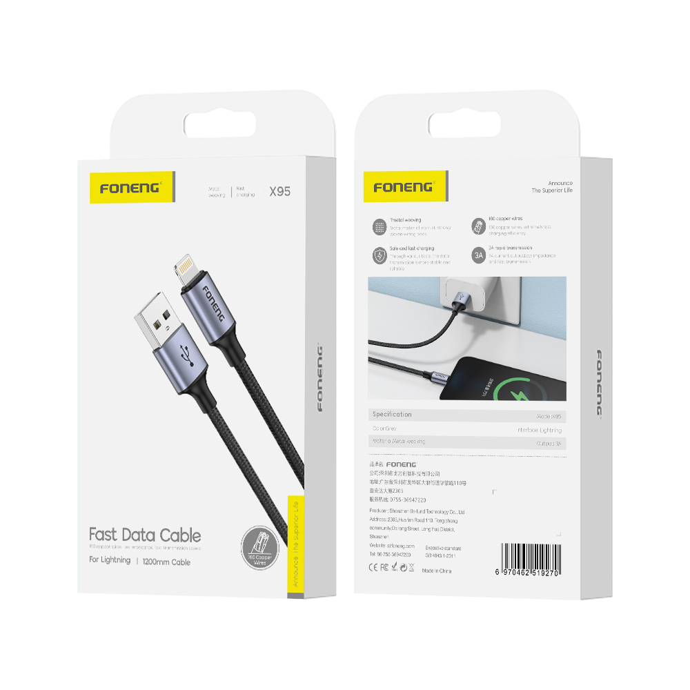FONENG cable X95 Lightning 3A 1.2M Noir