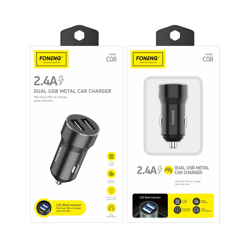 FONENG car charger C08 2.4A 12W 2xUSB Noir