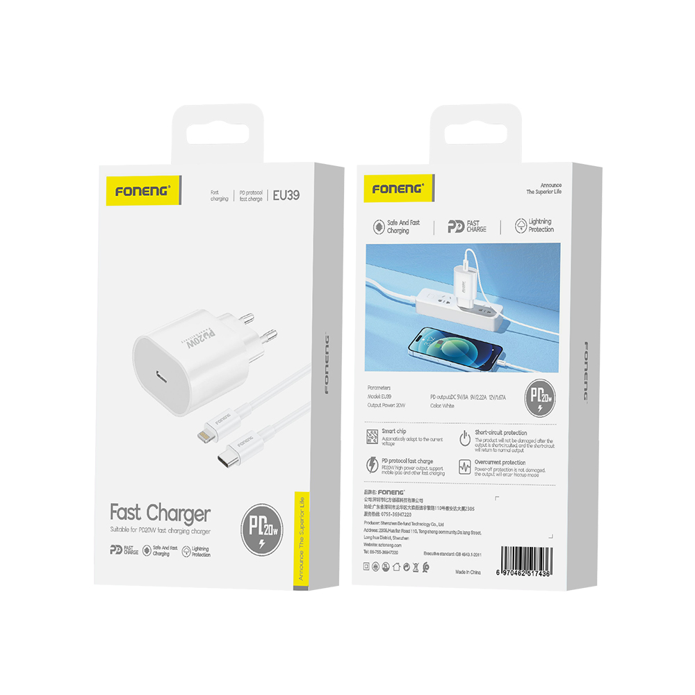 FONENG wall charger EU39 PD 20W 1xUSB-C + cable USB-C – Lightning Blanc