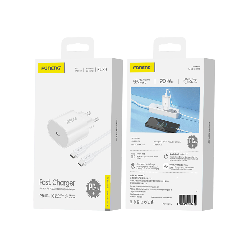 FONENG wall charger EU39 PD 20W 1xUSB-C + cable USB-C – USB-C Blanc