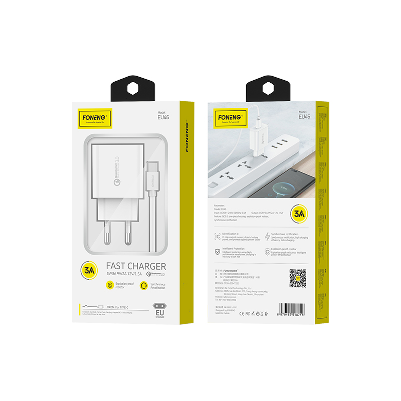 FONENG wall charger EU46 18W 1xUSB QC3.0 + cable USB-C Blanc