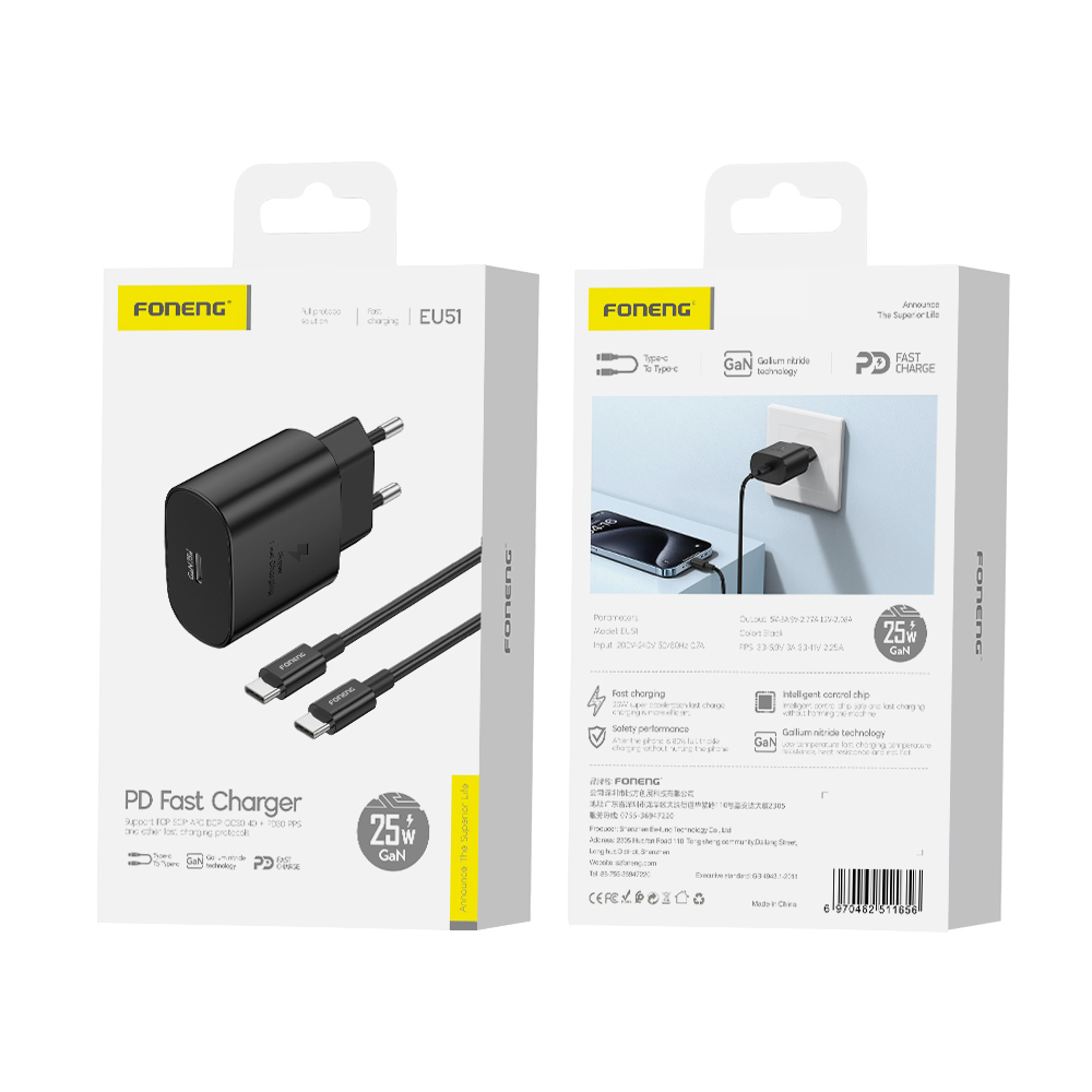 FONENG wall charger EU51 GaN PD 25W 1xUSB-C + cable USB-C – USB-C Noir