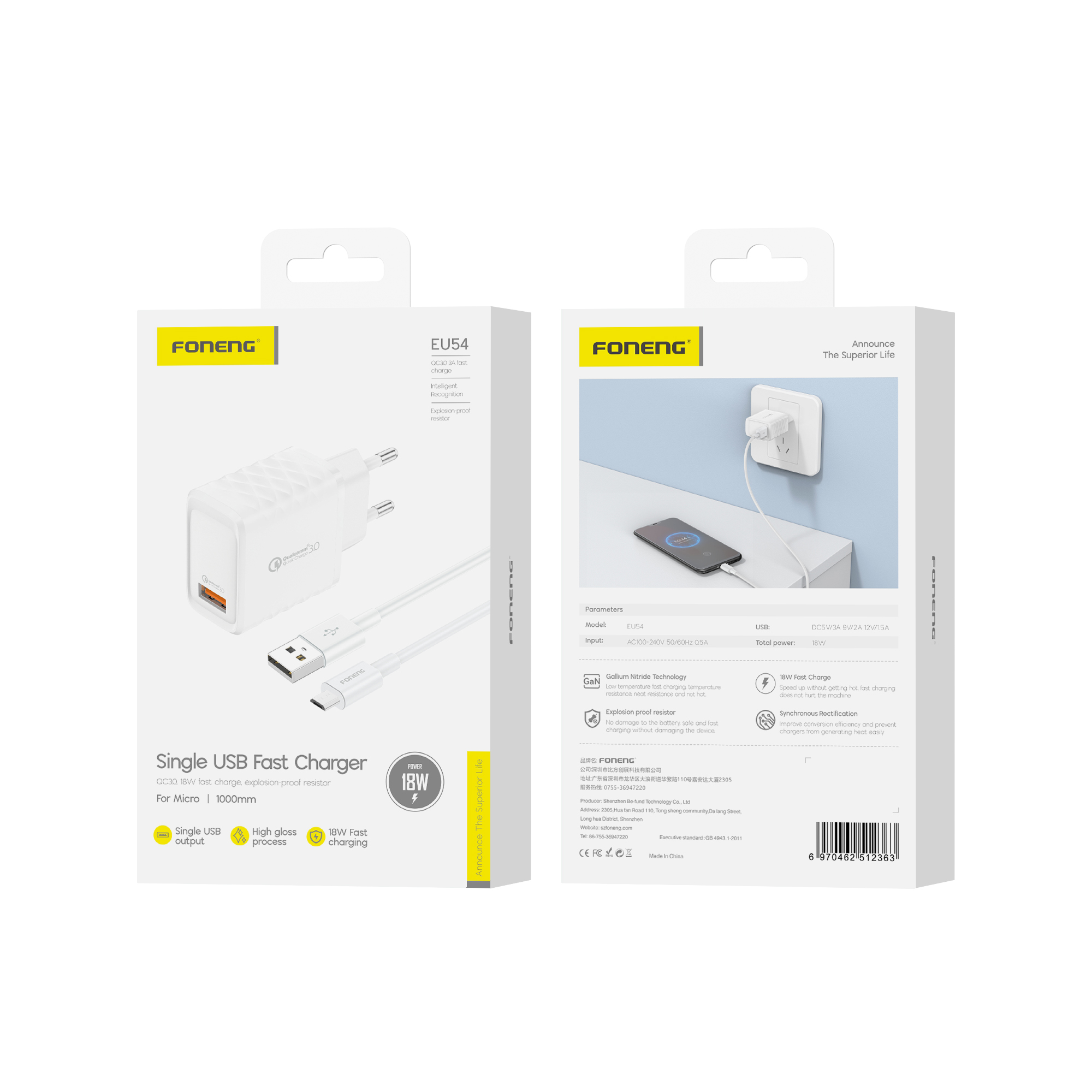 FONENG wall charger EU54 18W 1xUSB QC3.0 + cable Micro USB Blanc