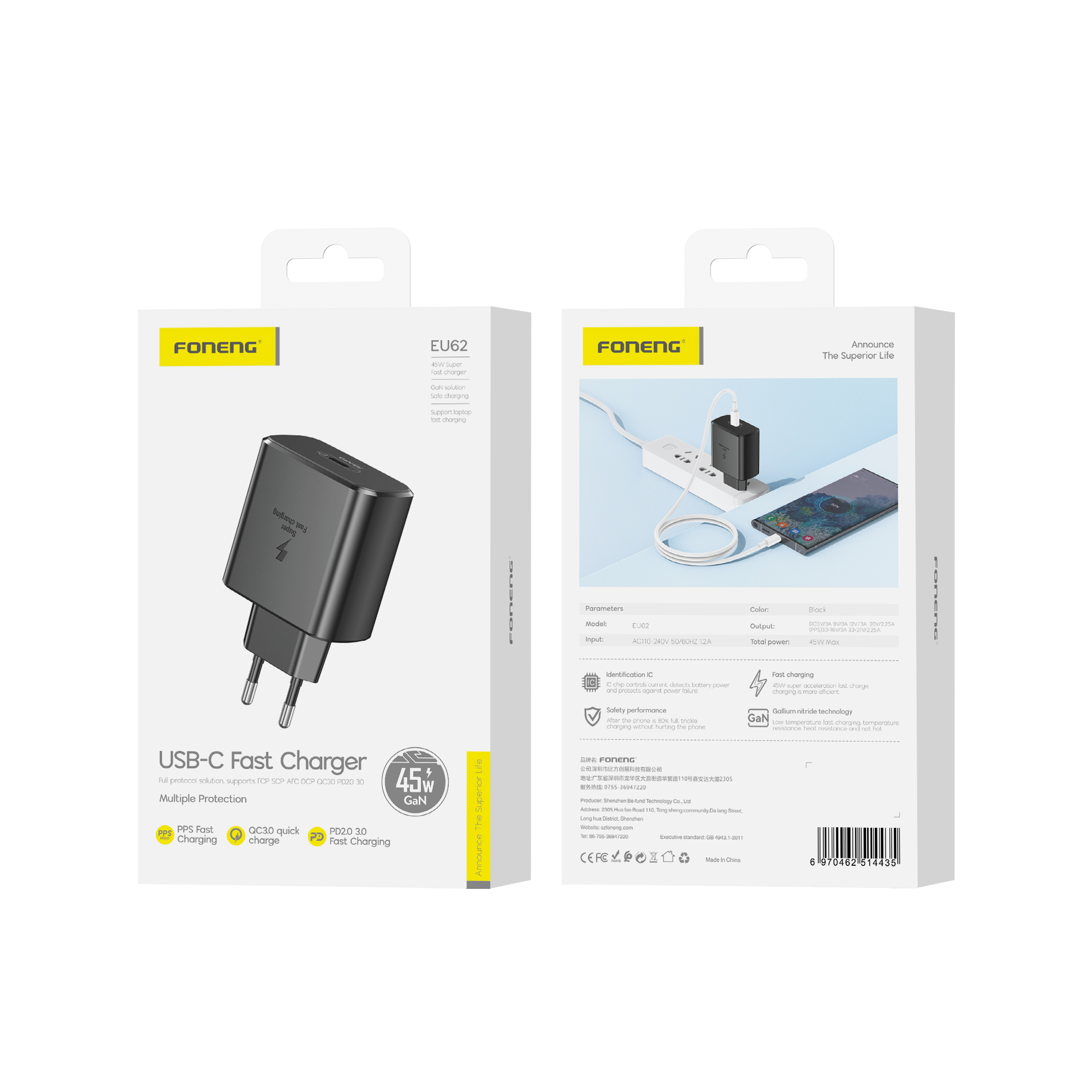 FONENG wall charger EU62 GaN PD 45W 1xUSB-C Noir