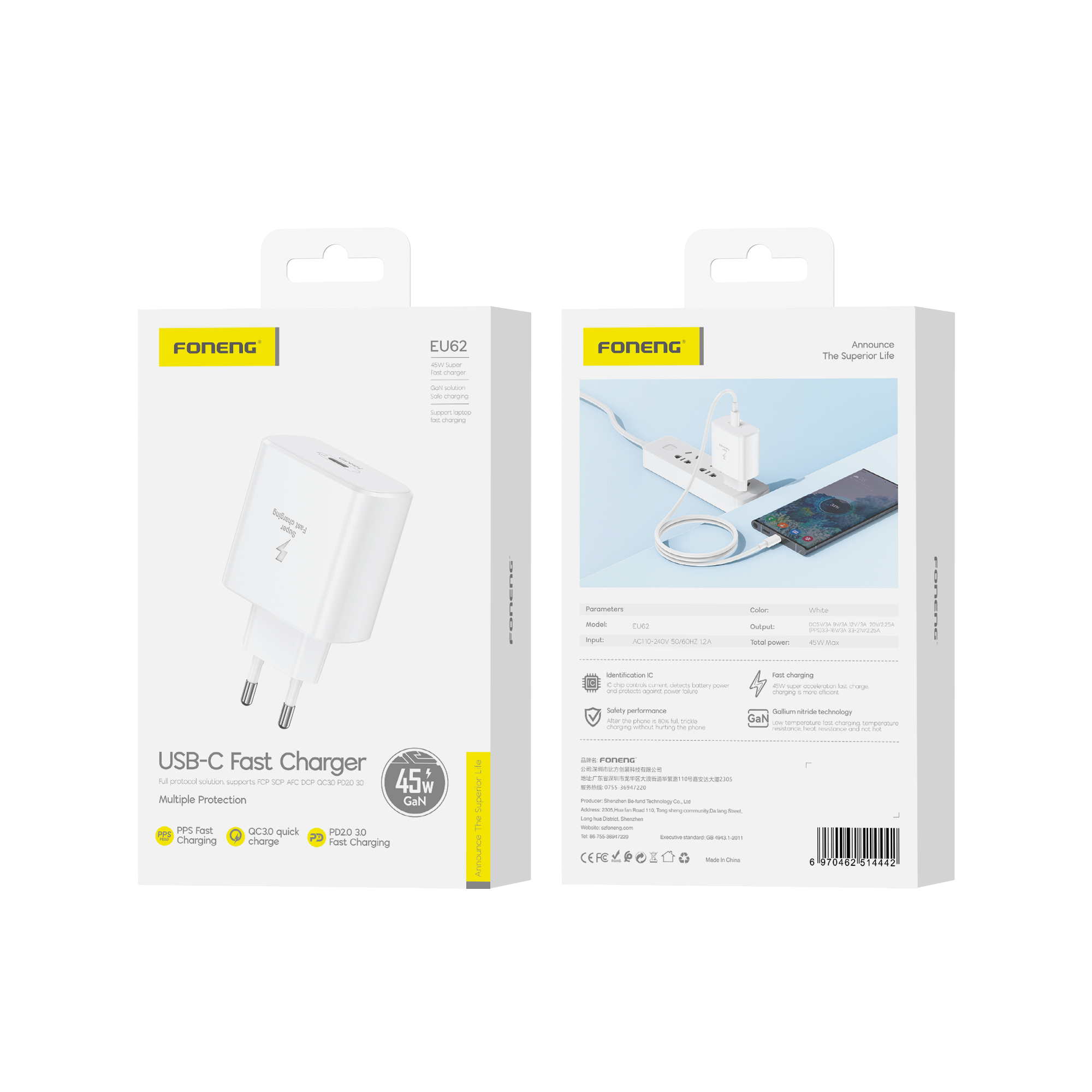 FONENG wall charger EU62 GaN PD 45W 1xUSB-C Blanc
