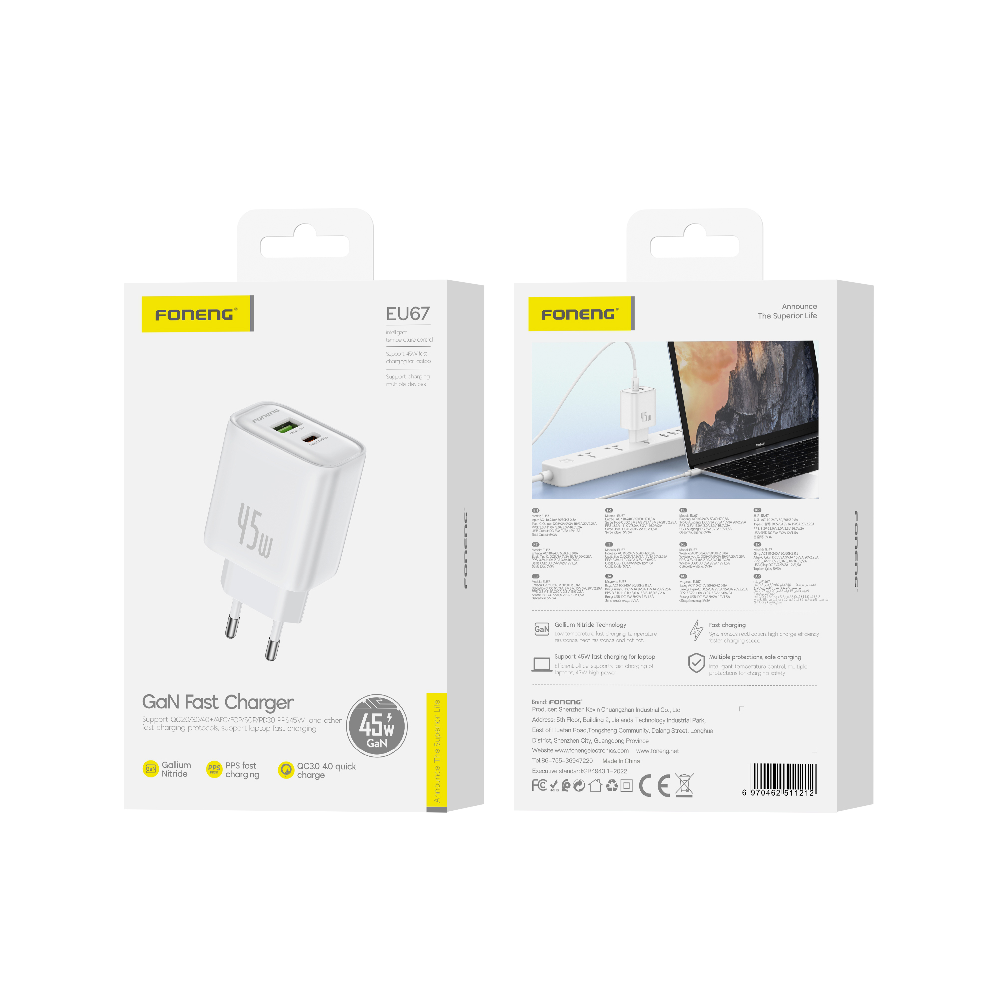 FONENG wall charger EU67 PD 45W 1xUSB-C + 1xUSB QC3.0 Blanc