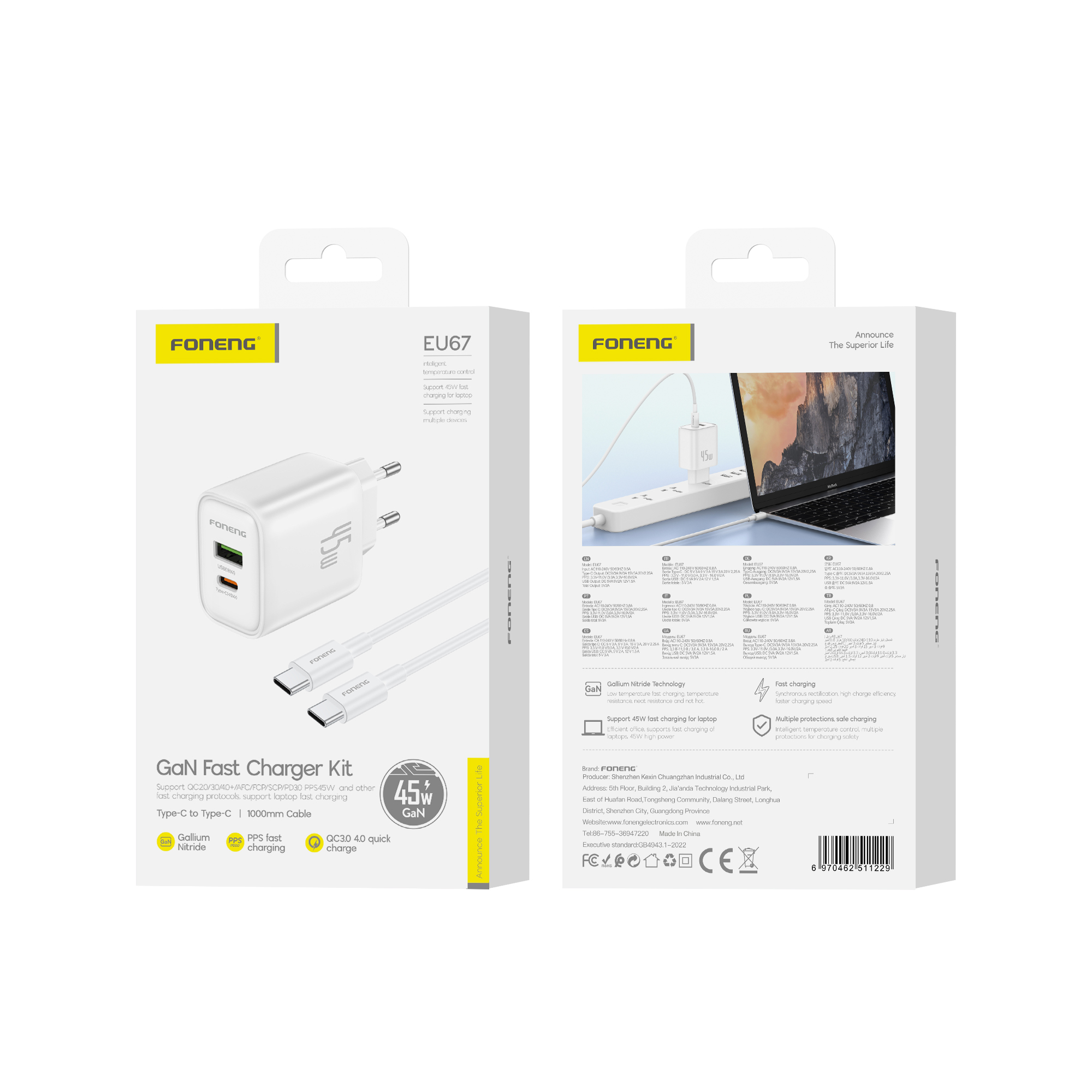 FONENG wall charger EU67 PD 45W 1xUSB-C + 1xUSB QC3.0 + cable USB-C – USB-C Blanc