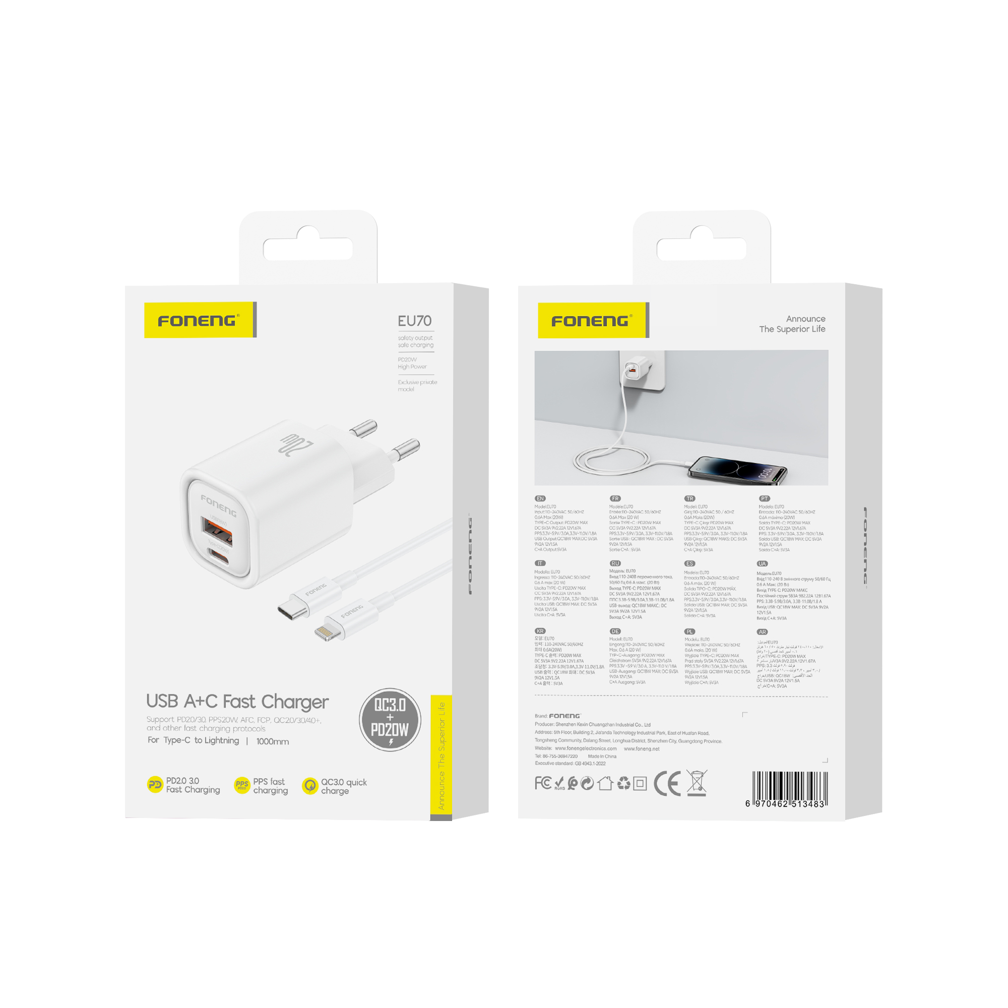FONENG wall charger EU70 PD 20W 1xUSB-C + 1xUSB QC3.0 + cable USB-C – Lightning Blanc