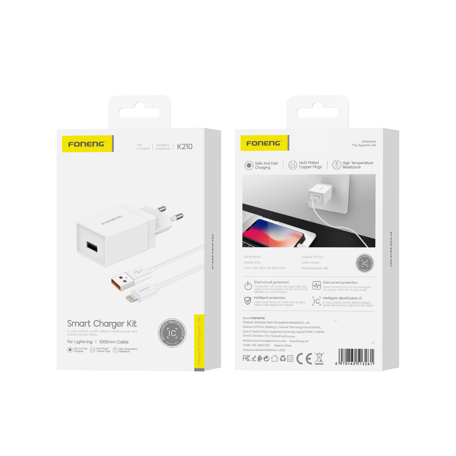 FONENG wall charger K210 2.1A 10W 1xUSB + cable Lightning Blanc