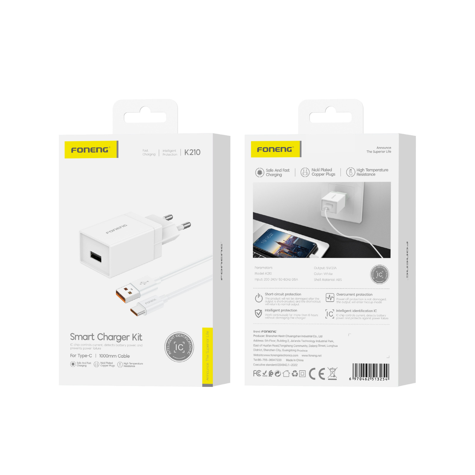 FONENG wall charger K210 2.1A 10W 1xUSB + cable USB-C Blanc