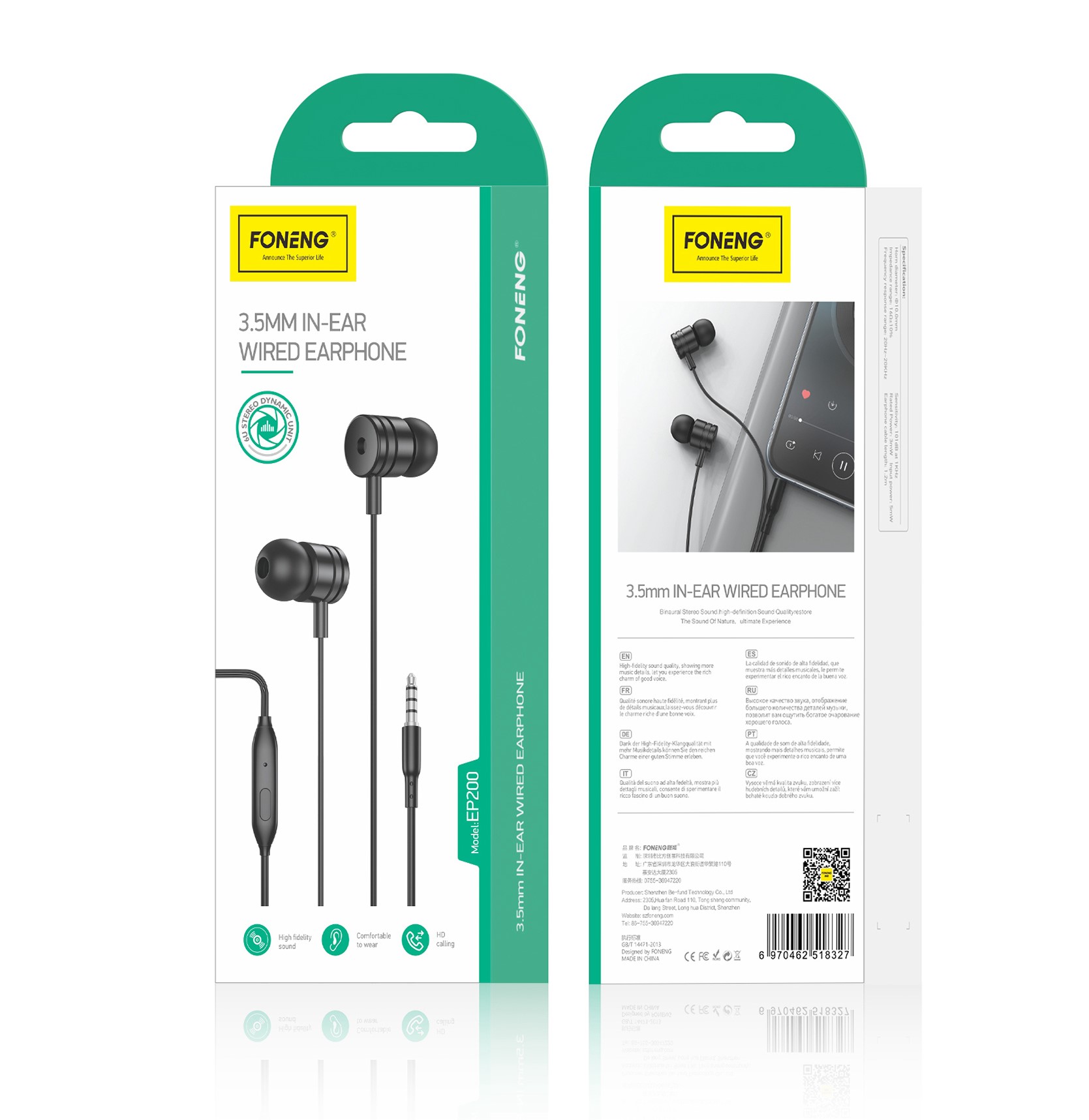 FONENG wiRouge earphones EP200 JACK 3.5MM with microphone 1.2M Noir