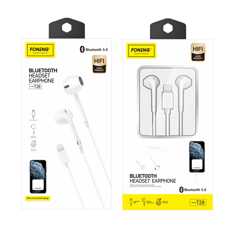 FONENG wiRouge earphones T28 Lightning with microphone 1.2M Blanc
