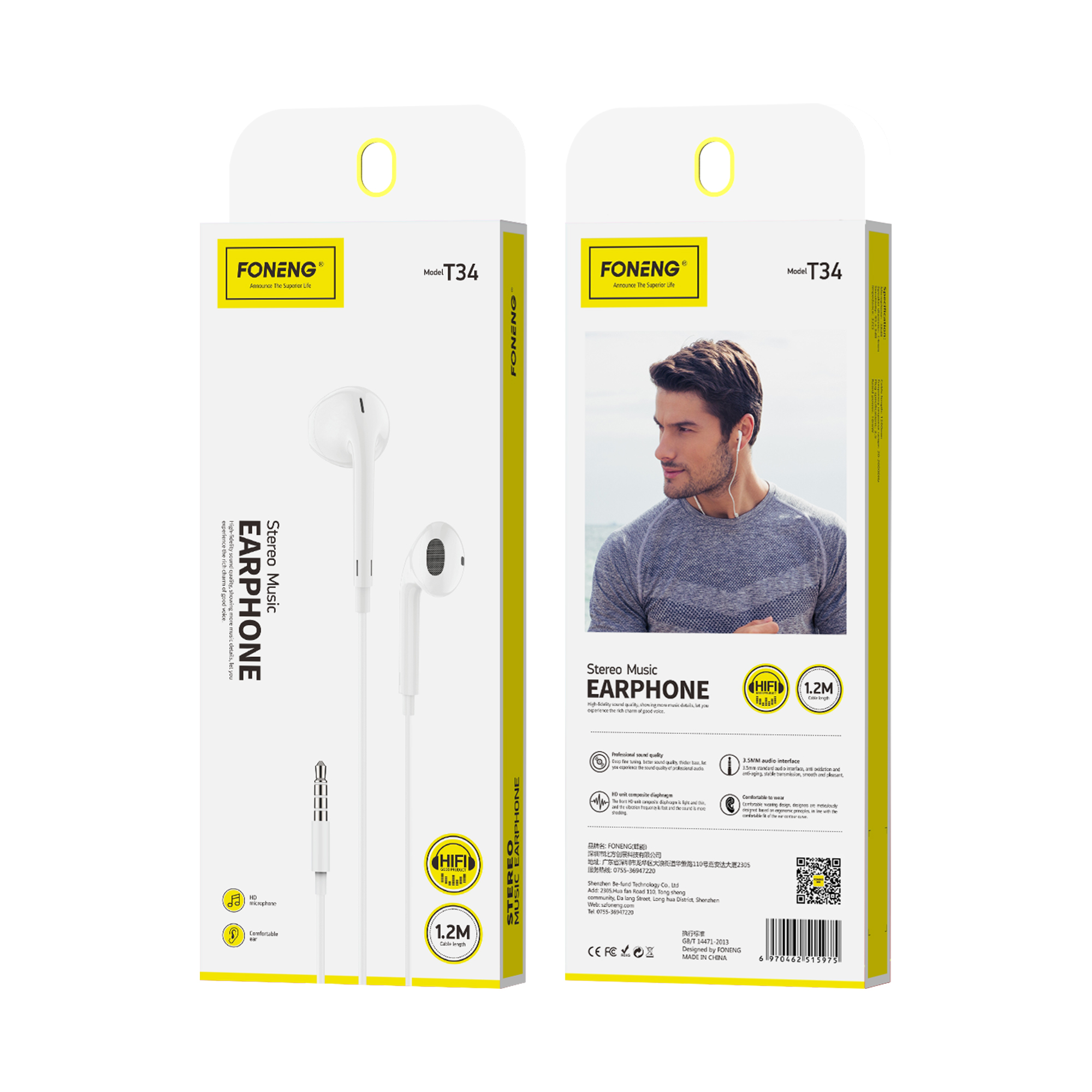 FONENG wiRouge earphones T34 JACK 3.5MM with microphone 1.2M Blanc