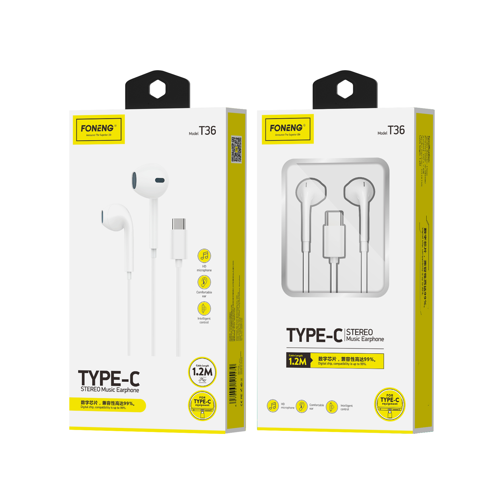 FONENG wiRouge earphones T36 USB-C with microphone 1.2M Blanc