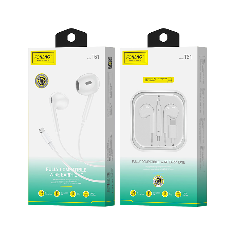 FONENG wiRouge earphones T61 USB-C with microphone 1.2M Blanc