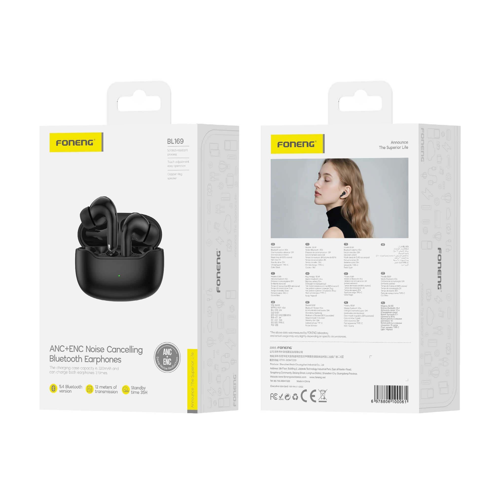 FONENG wireless earphones (ANC+ENC) BL169 Noir