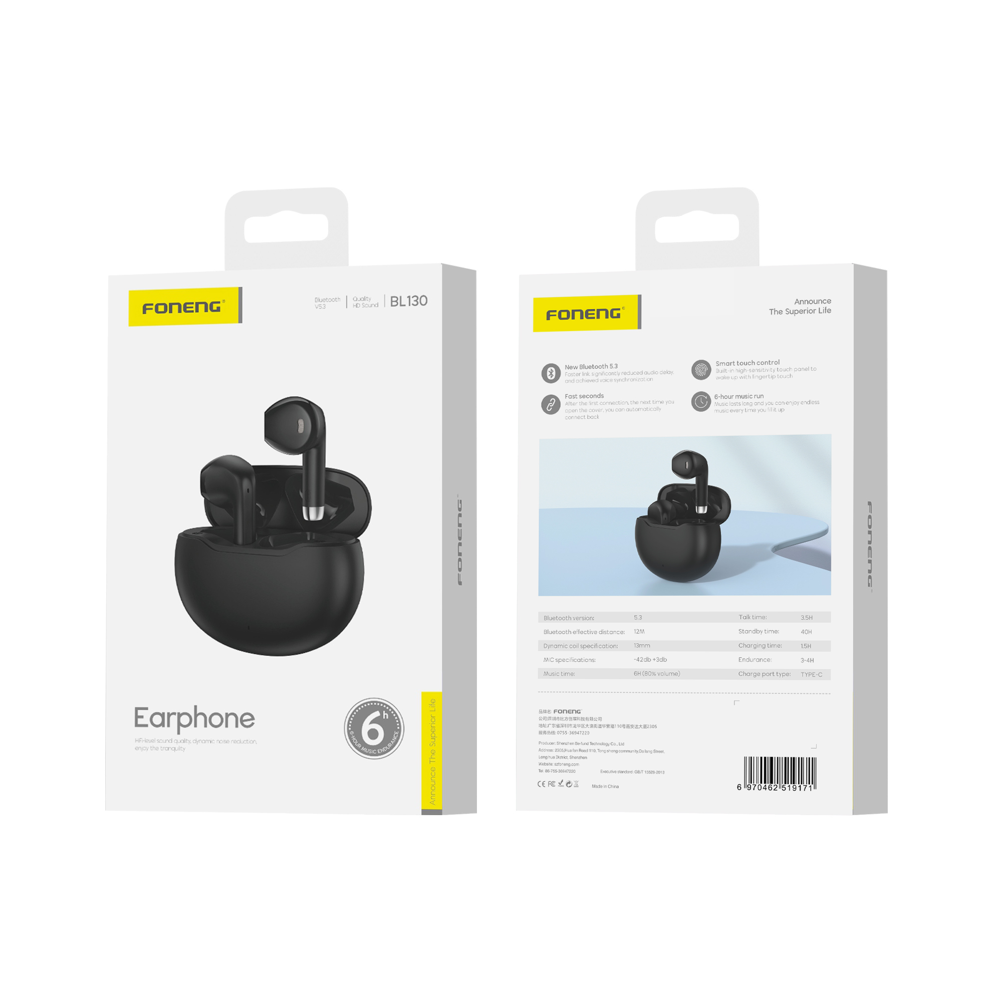 FONENG wireless earphones BL130 Noir