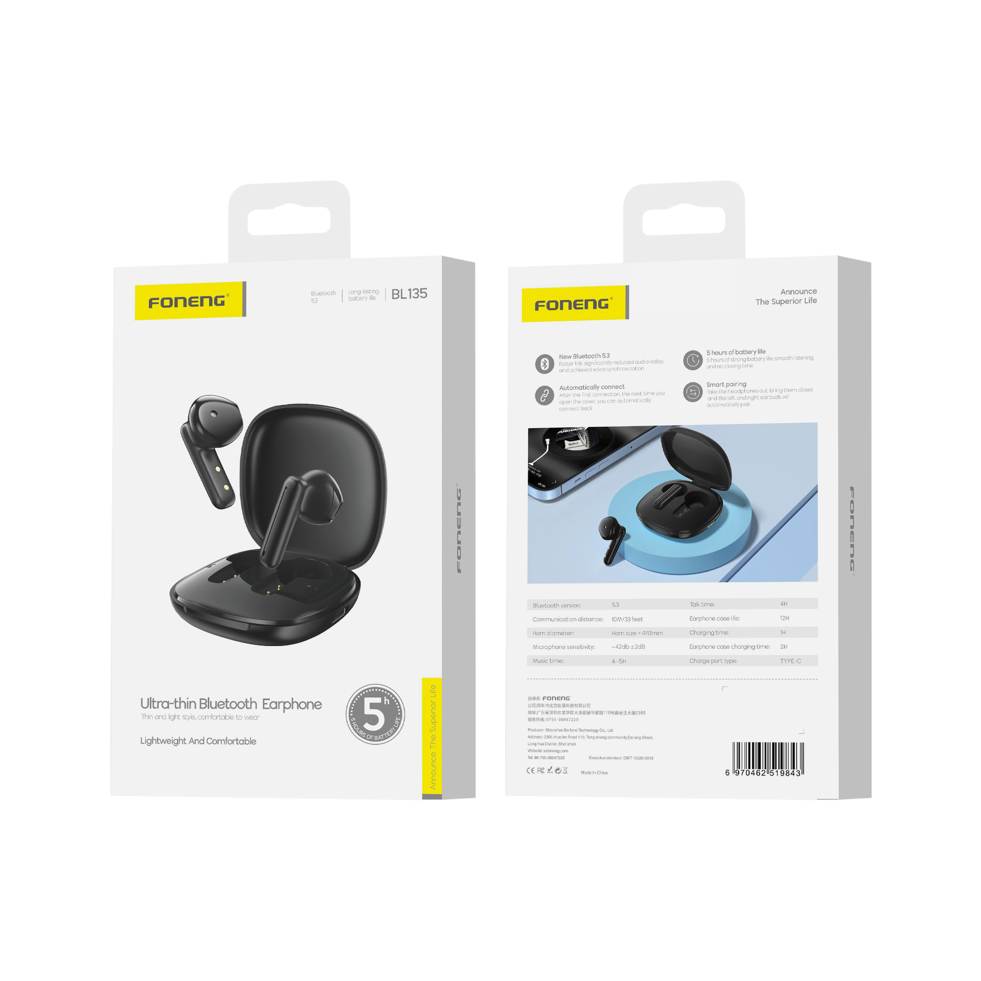 FONENG wireless earphones BL135 Noir