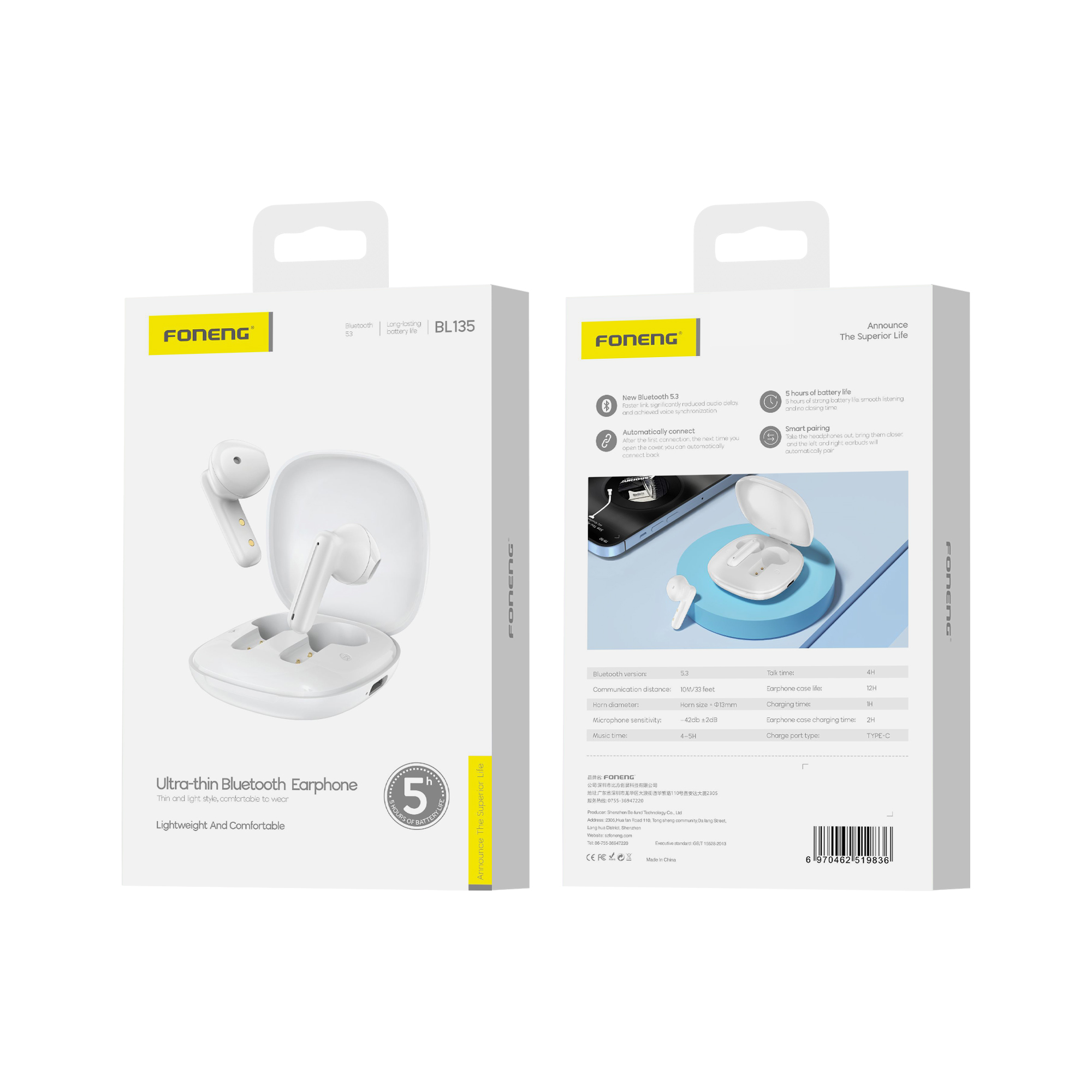 FONENG wireless earphones BL135 Blanc