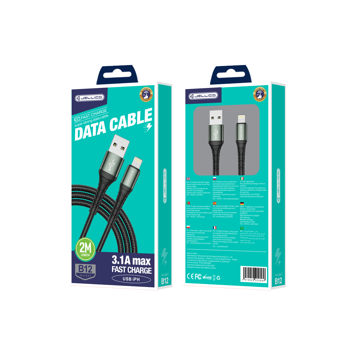 JELLICO cable B12 Lightning 3.1A 2M Noir