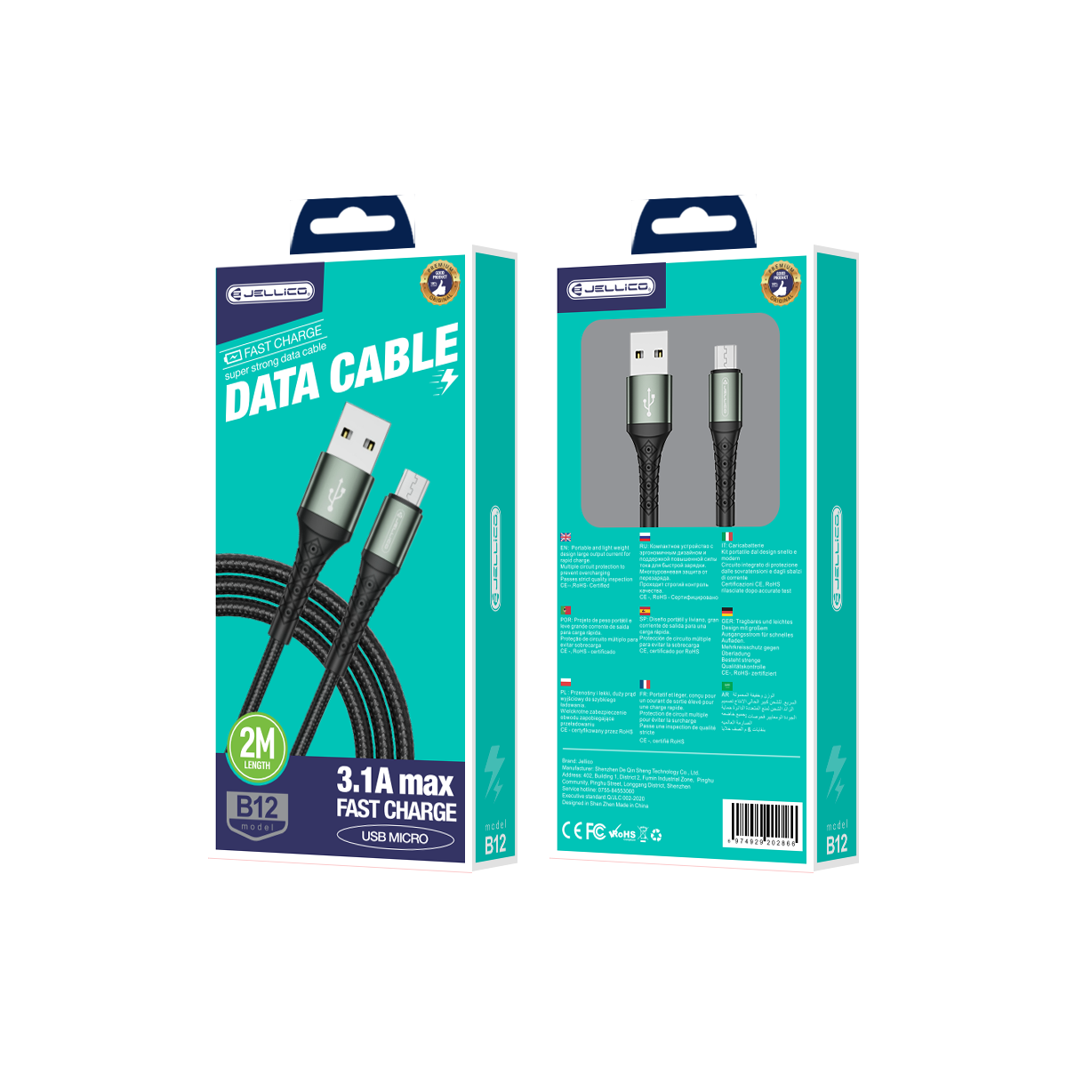 JELLICO cable B12 Micro USB 3.1A 2M Noir