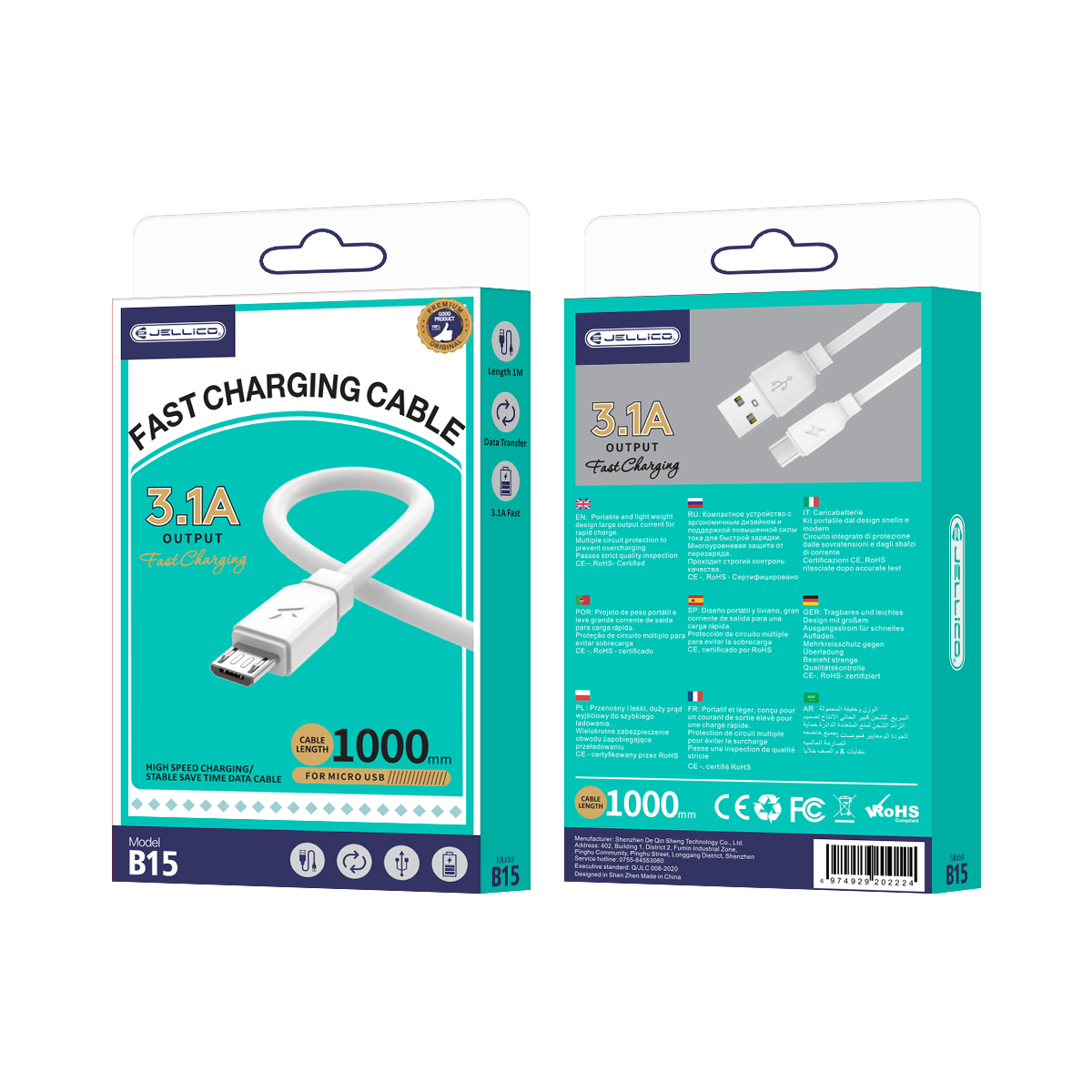 JELLICO cable B15 Micro 3.1A 1M Blanc
