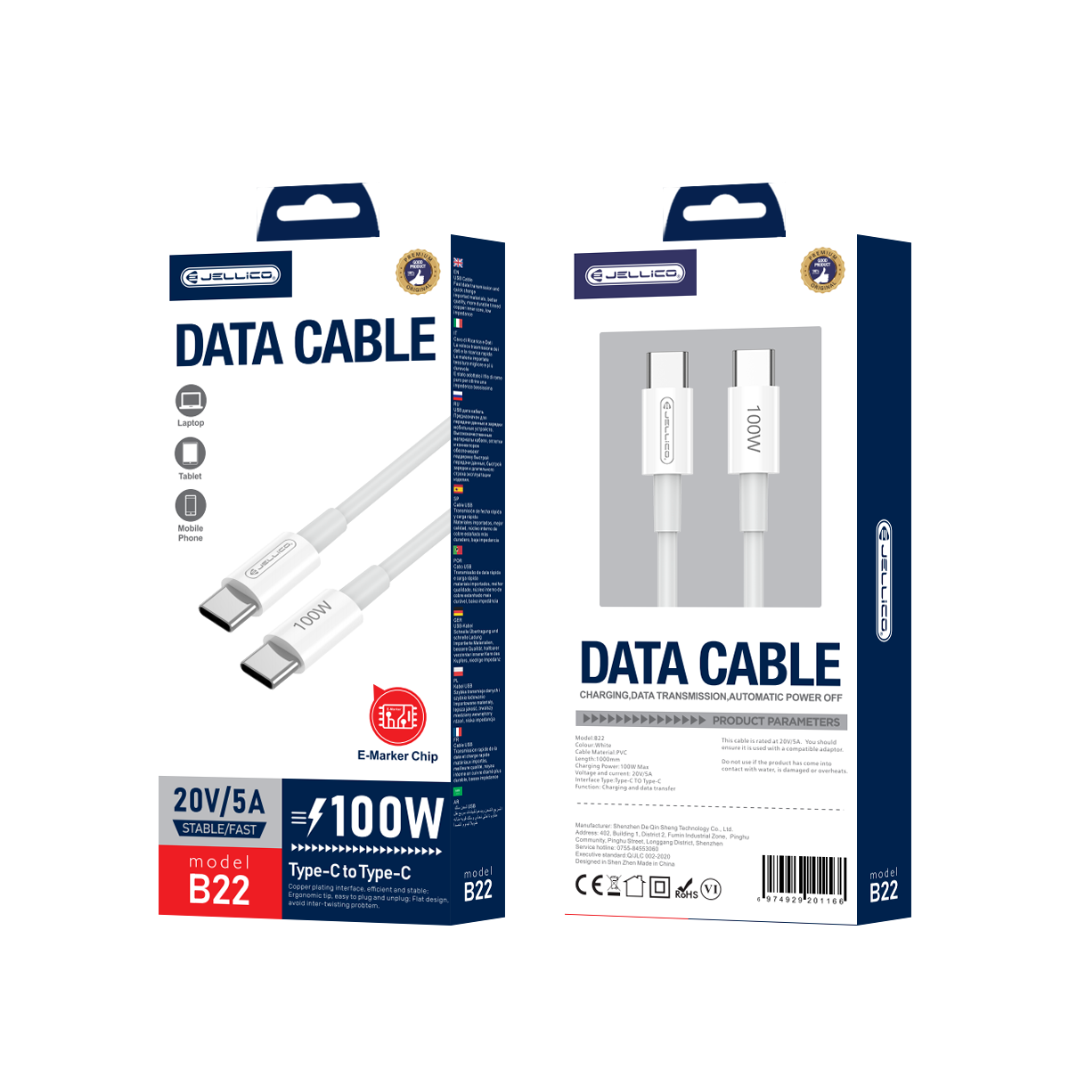 JELLICO cable B22 USB-C – USB-C PD 100W 1M Blanc