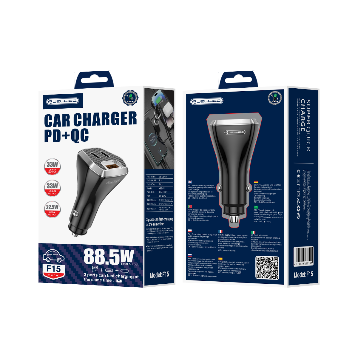 JELLICO car charger F15 PD 88,5W 2xUSB-C + 1xUSB QC3.0 Noir