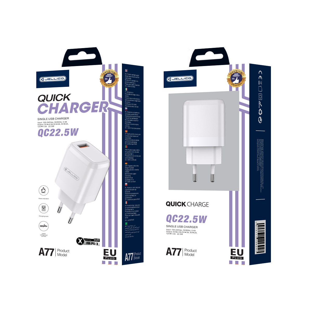 JELLICO wall charger A77 22,5W 1xUSB QC3.0 + cable Lightning Blanc