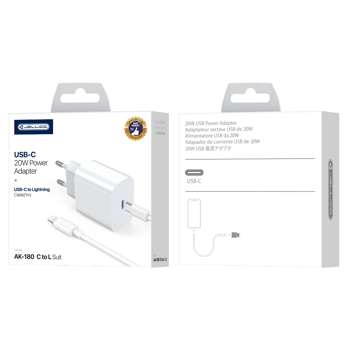 JELLICO wall charger AK180 PD 20W 1xUSB-C + cable USB-C – Lightning Blanc