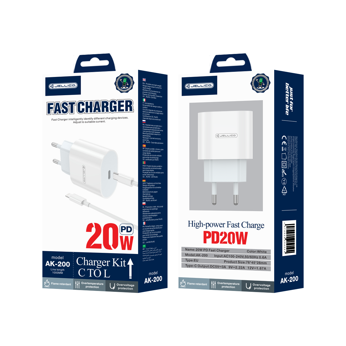 JELLICO wall charger AK200 PD 20W 1xUSB-C + cable USB-C – Lightning Blanc