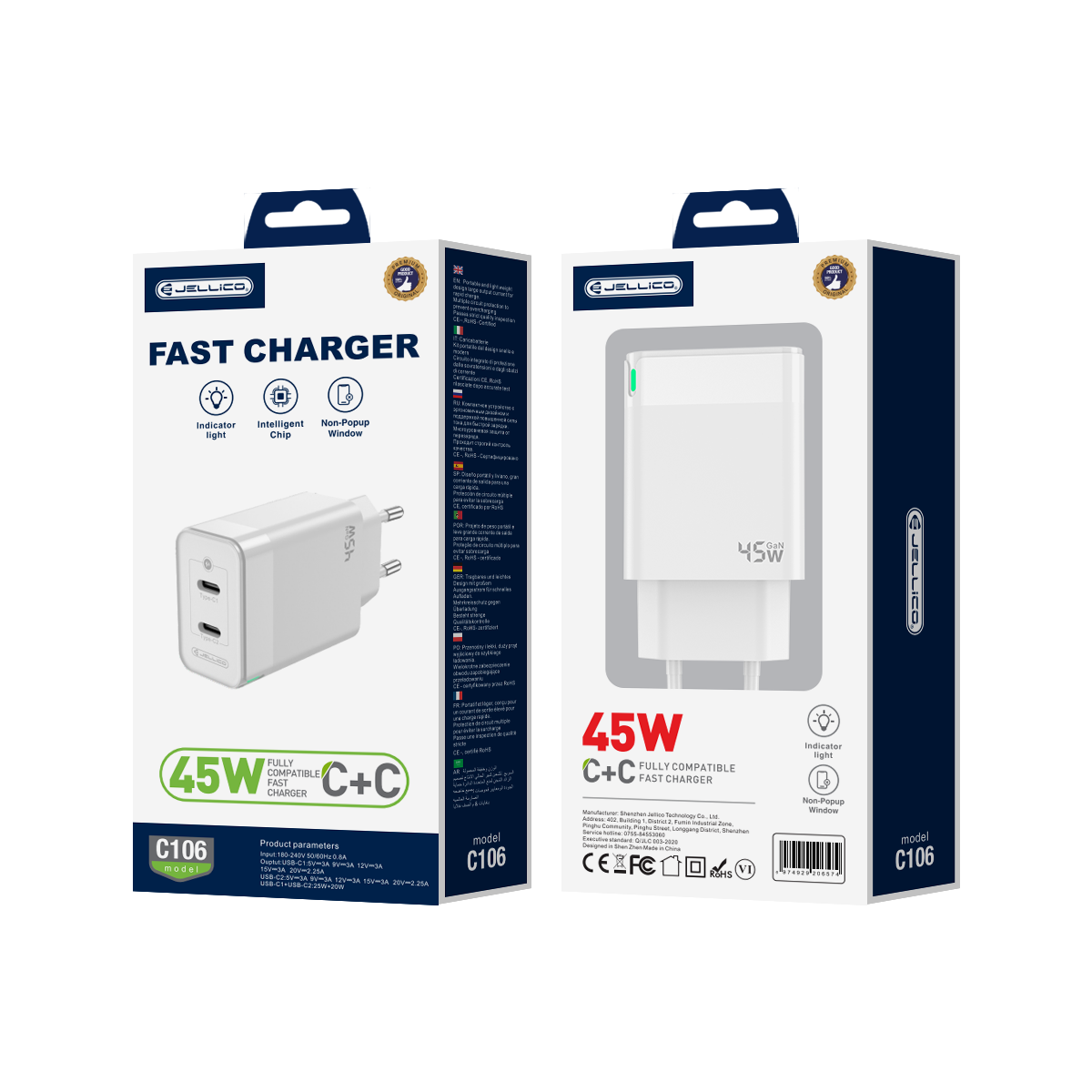 JELLICO wall charger C106 GaN PD 45W 2xUSB-C Blanc