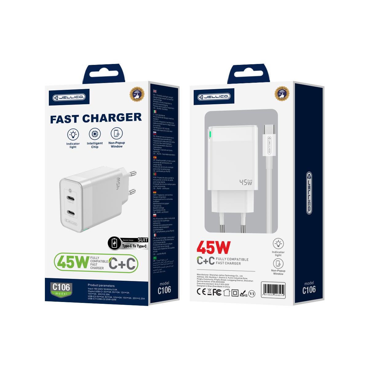JELLICO wall charger C106 GaN PD 45W 2xUSB-C + cable USB-C – USB-C Blanc