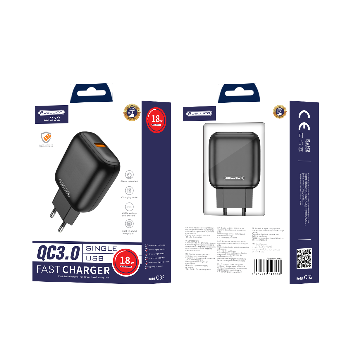JELLICO wall charger C32 18W 1xUSB QC3.0 Noir