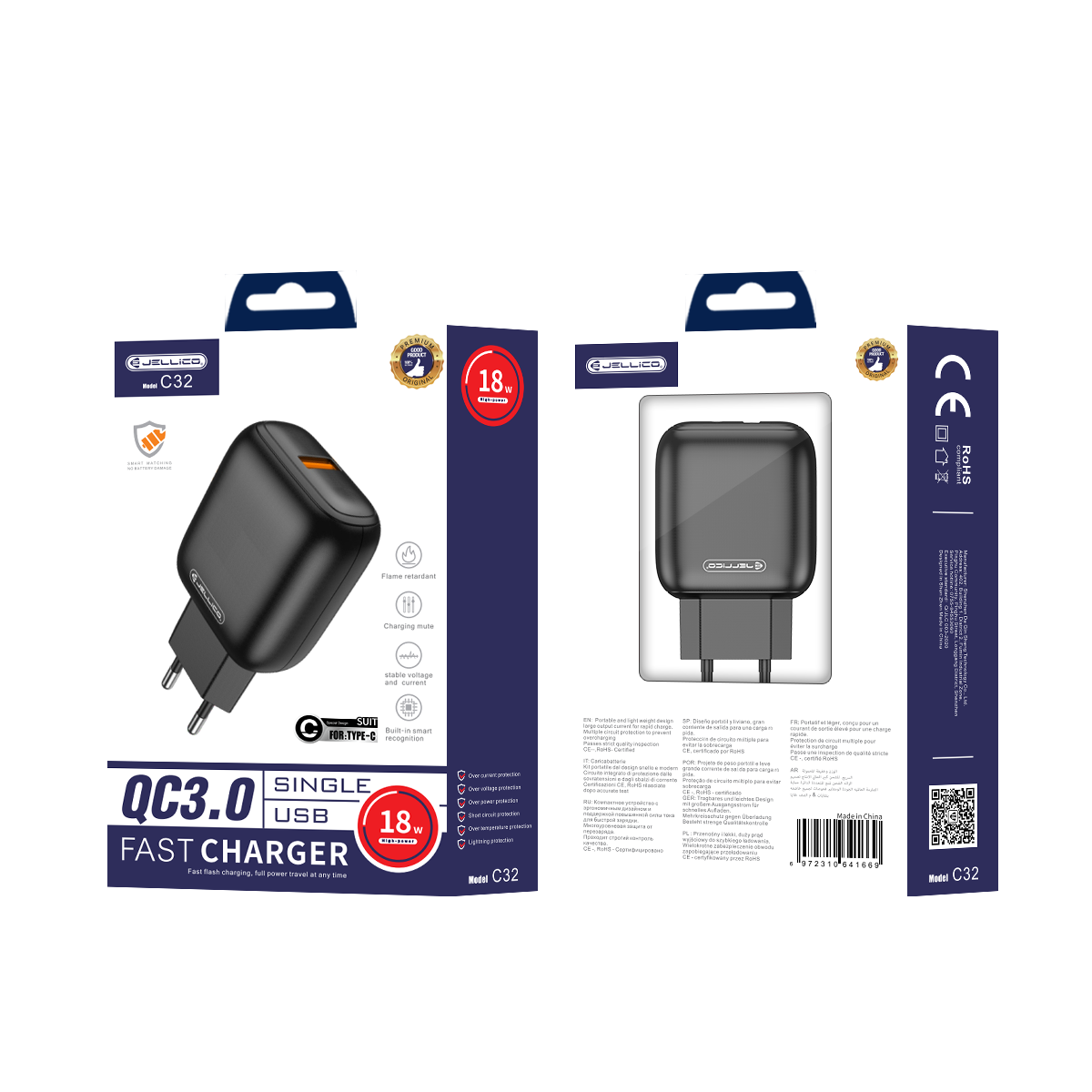 JELLICO wall charger C32 18W 1xUSB QC3.0 + cable USB-C Noir