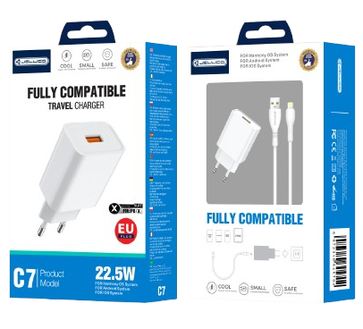 JELLICO wall charger C7 22.5W 1xUSB QC3.0 + cable Lightning Blanc