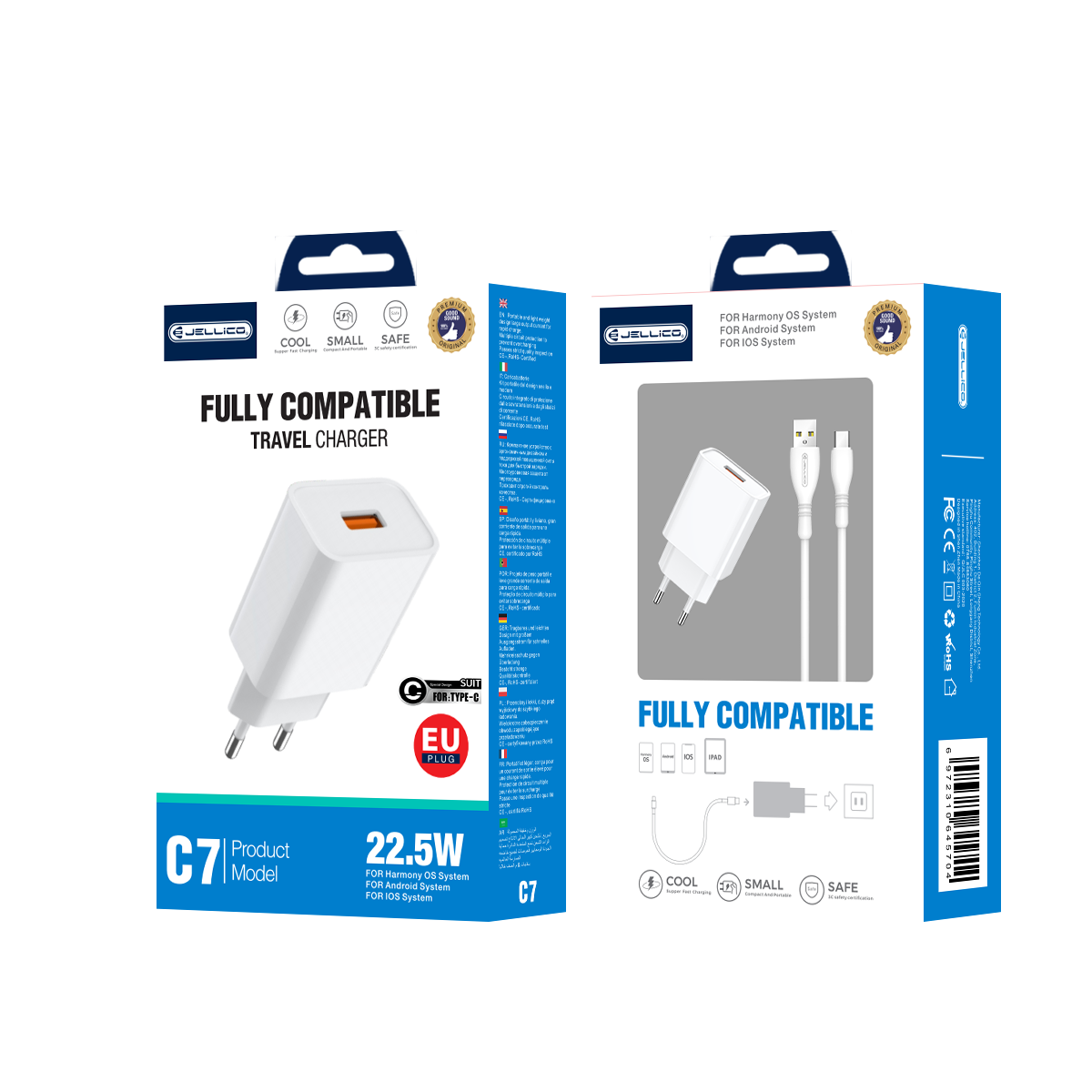 JELLICO wall charger C7 22.5W 1xUSB QC3.0 + cable USB-C Blanc