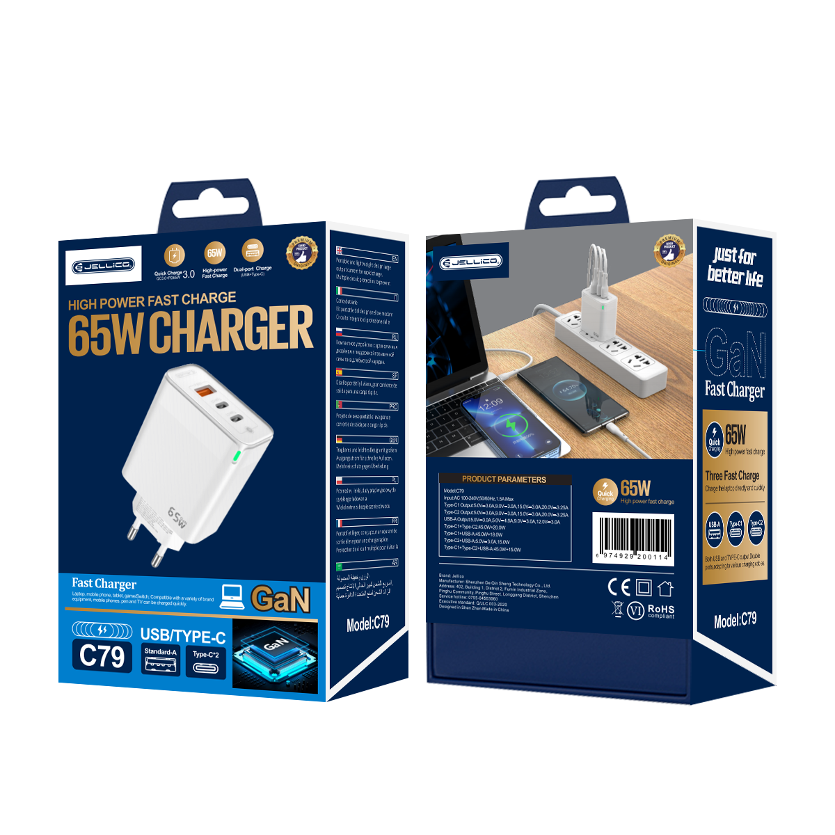 JELLICO wall charger C79 GaN PD 65W 2xUSB-C + 1xUSB QC3.0 Blanc