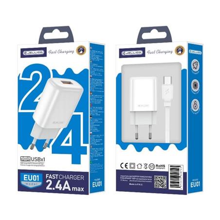 JELLICO wall charger EU01 2.4A 12W 1xUSB + cable USB-C Blanc