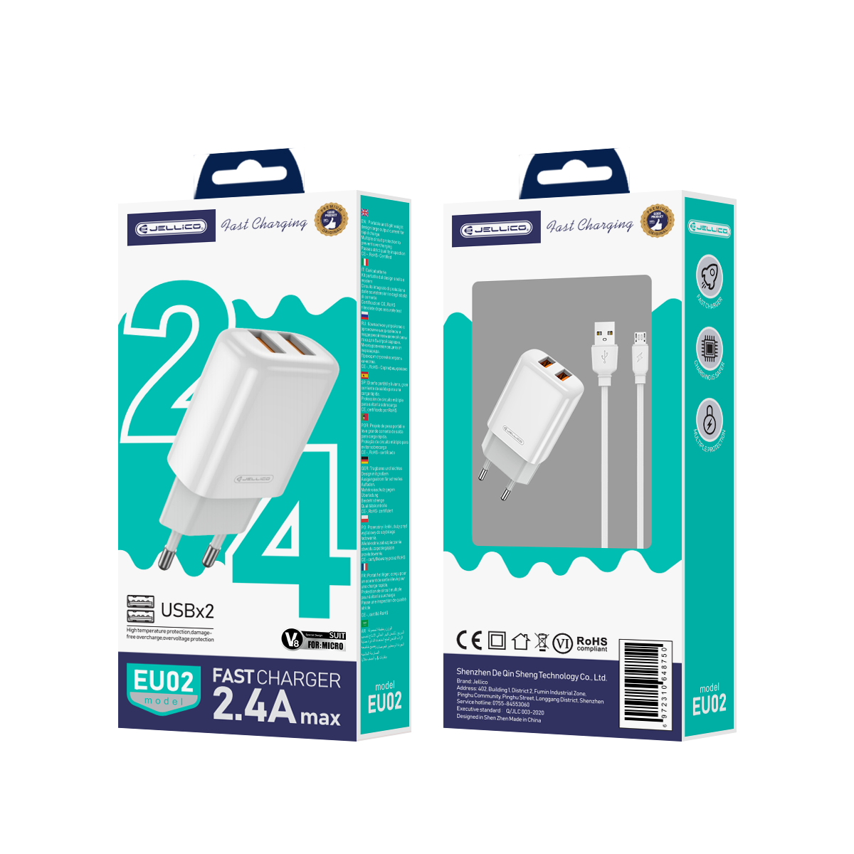 JELLICO wall charger EU02 2.4A 12W 2xUSB + cable Micro Blanc