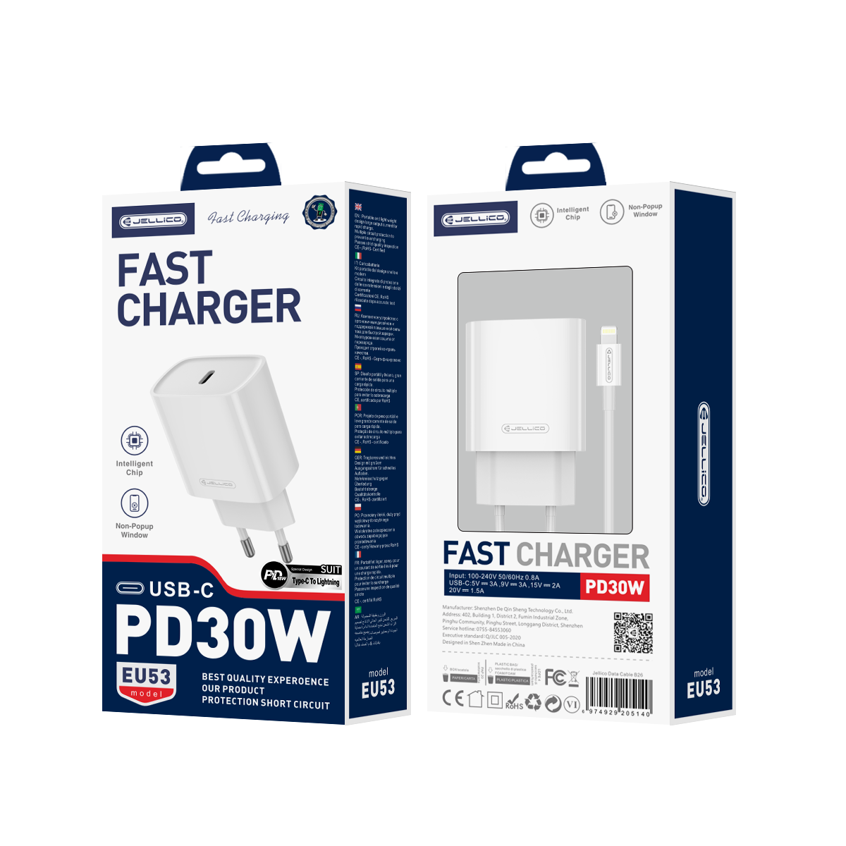 JELLICO wall charger EU53 PD 30W 1xUSB-C + cable USB-C – Lightning Blanc