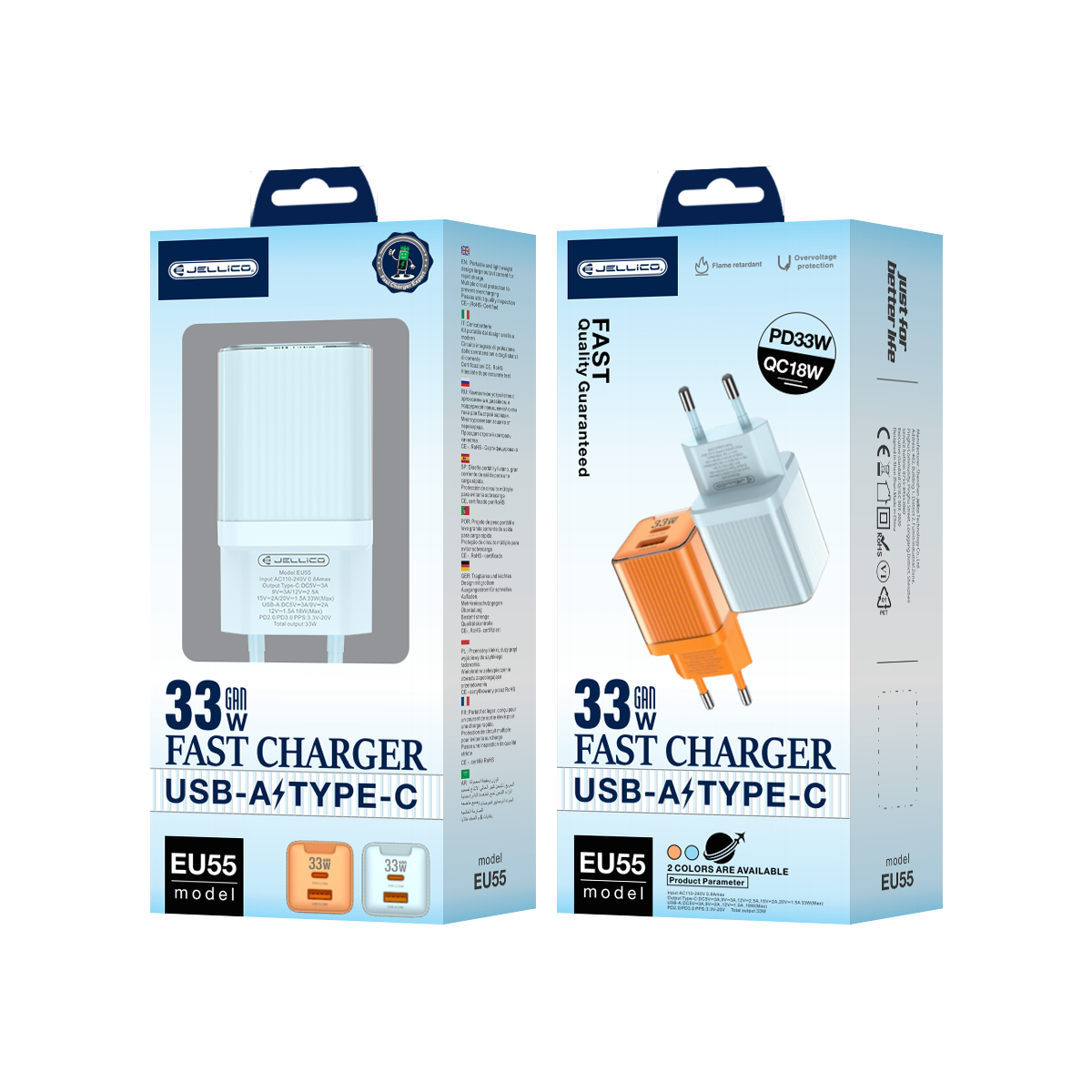 JELLICO wall charger EU55 GaN PD 33W 1xUSB-C + 1xUSB QC3.0 Bleu