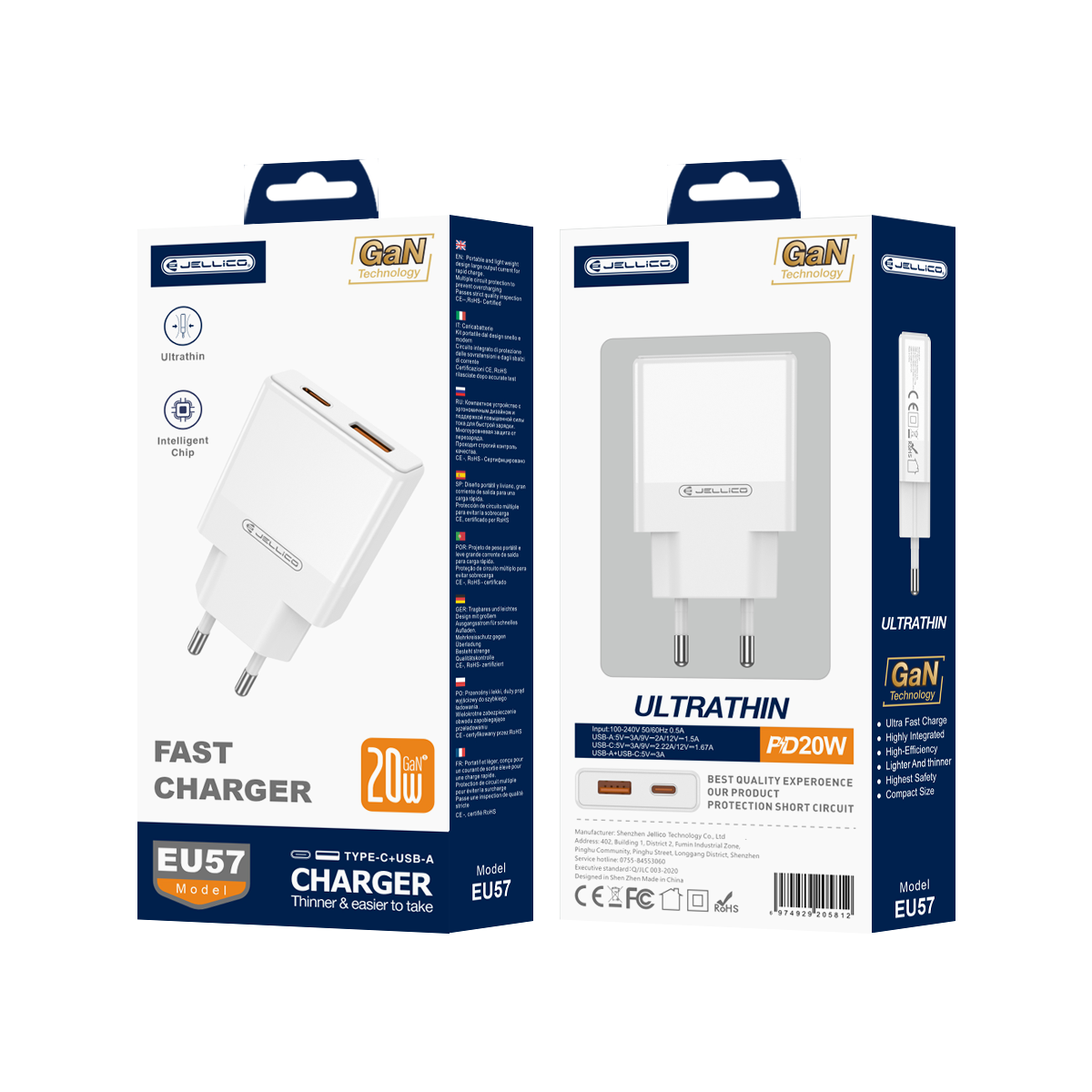 JELLICO wall charger EU57 PD 20W 1xUSB-C + 1xUSB QC3.0 Blanc