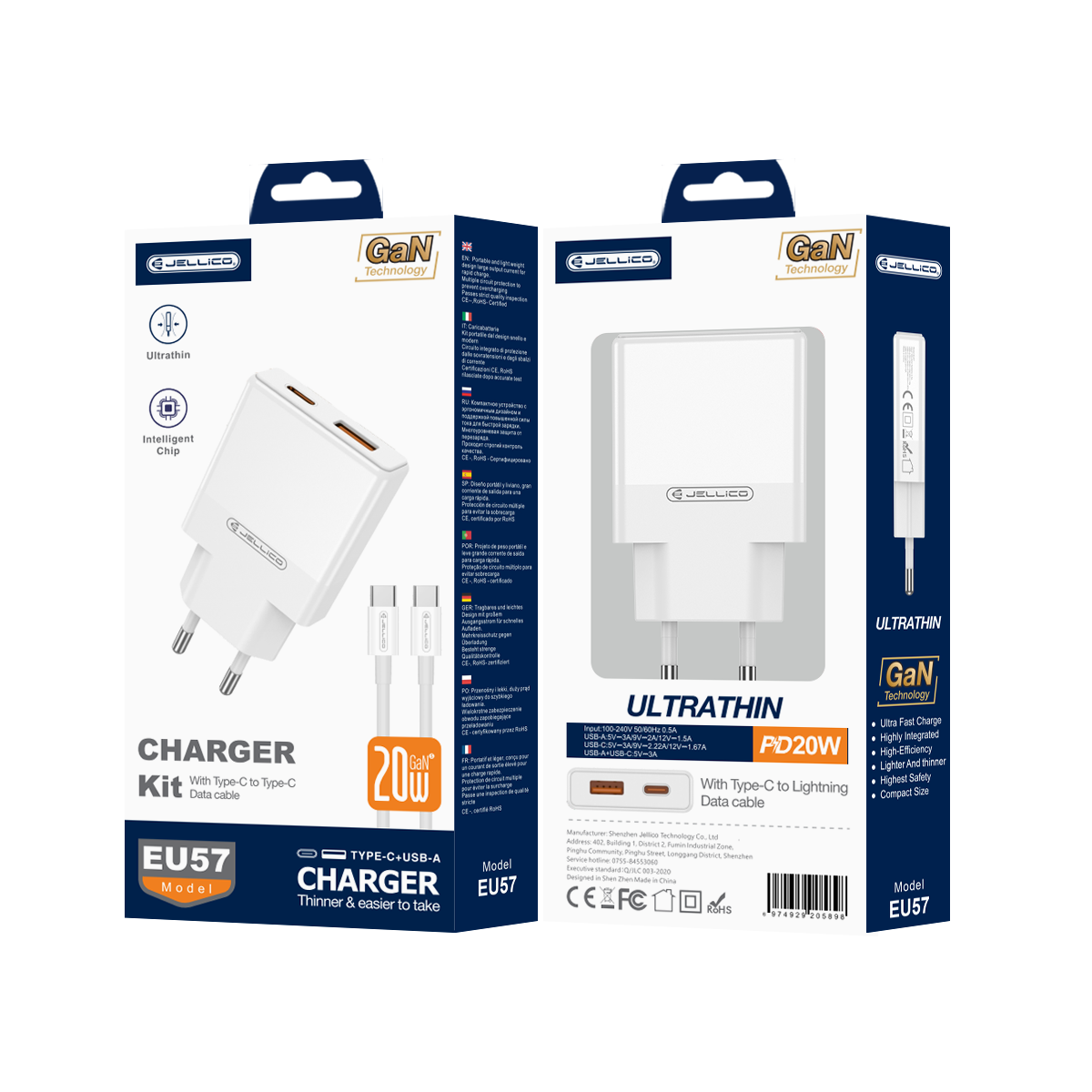 JELLICO wall charger EU57 PD 20W 1xUSB-C + 1xUSB QC3.0 + cable USB-C – USB-C Blanc