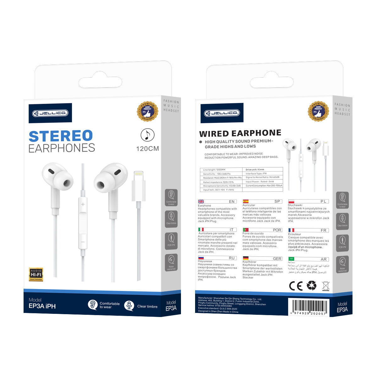 JELLICO wiRouge earphones EP3A Lightning with microphone 1.2M Blanc